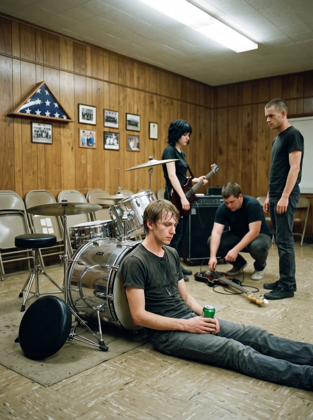 A drum kit in a small meeting room, the drummer sitting on the floor beside it